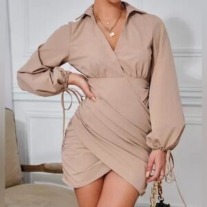 SHEIN Taupe Long Sleeve Wrap Dress